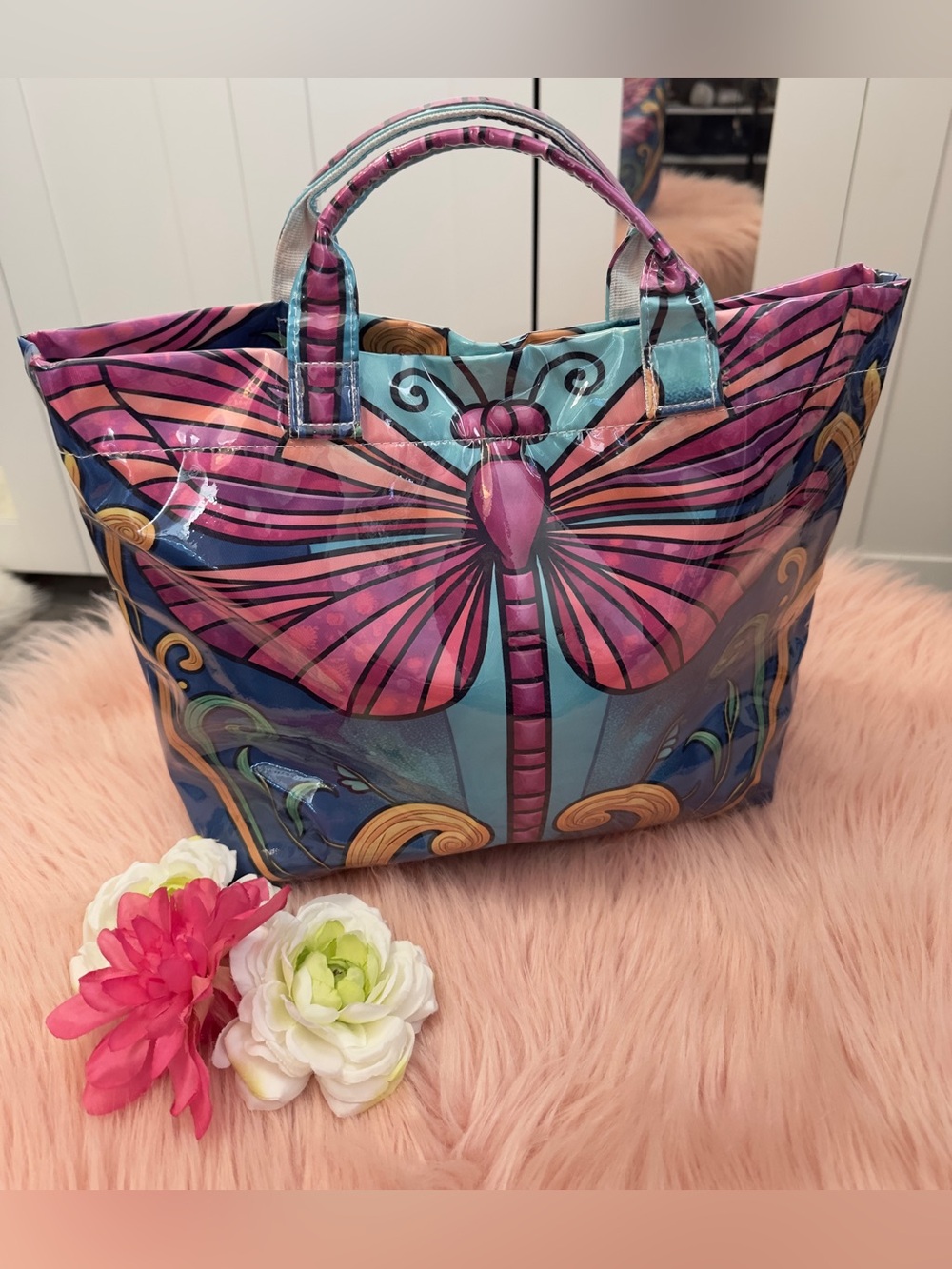 Dragonfly And Floral Print Large Tote Handbag NEW!
